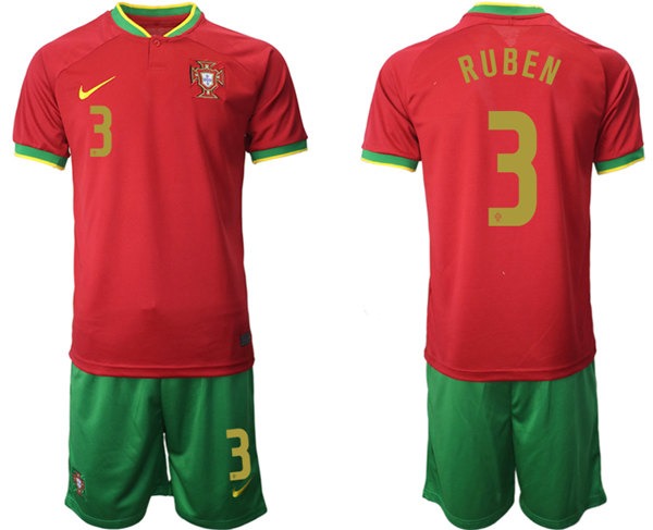 Men's Portugal #3 Ruben Red Home Soccer Jersey Suit